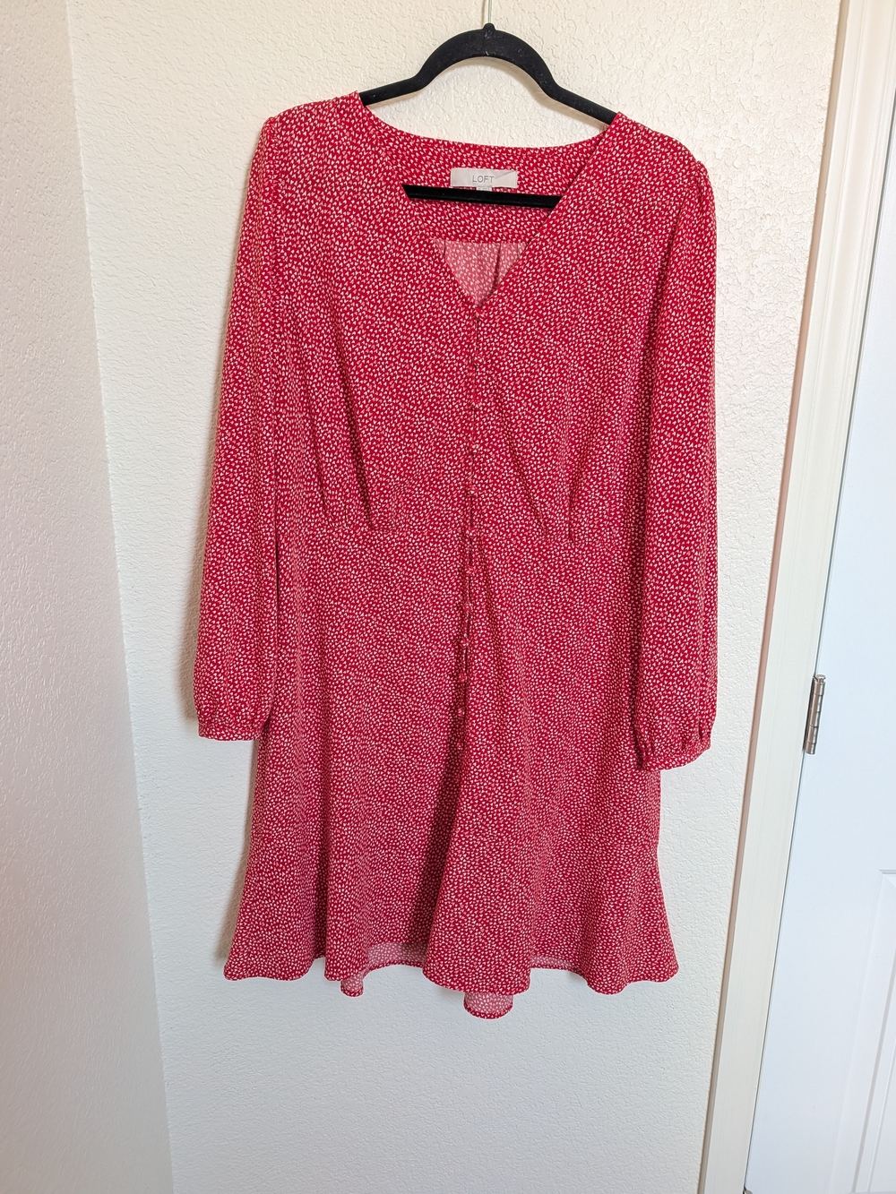 LOFT Womens 14 Red All Over Hearts Button Front Dress Flounce Hem Long Sleeve